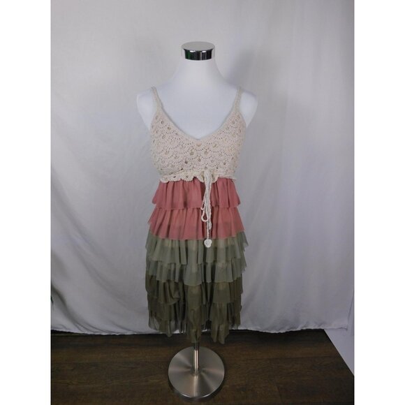 Say What? Dress Womens Medium Pink Green Crochet Bodice Ruffle Tiered Boho Mesh - Picture 1 of 11